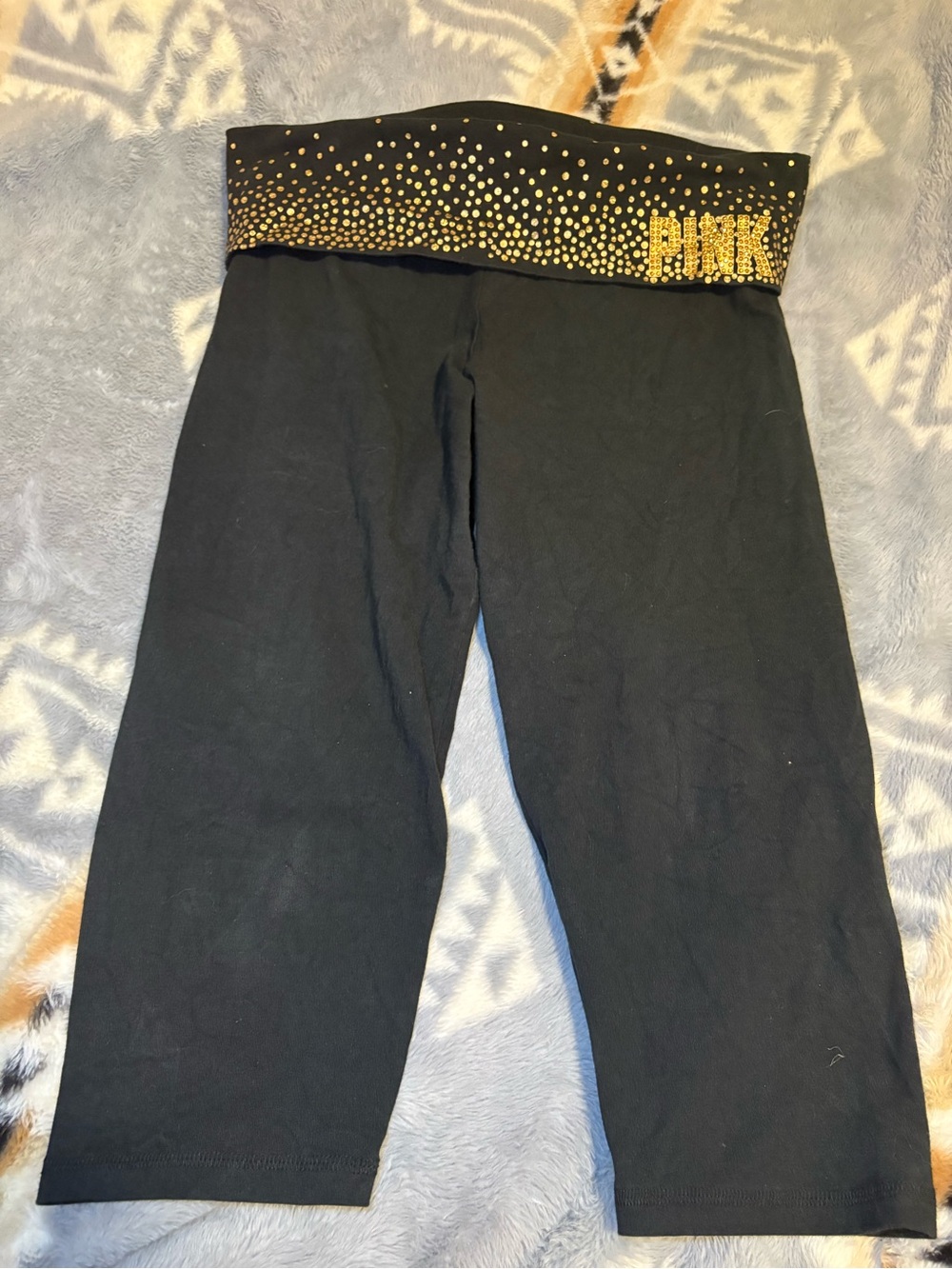 PINK Victoria's Secret Black Capri Leggings with Gold Dot Waistband